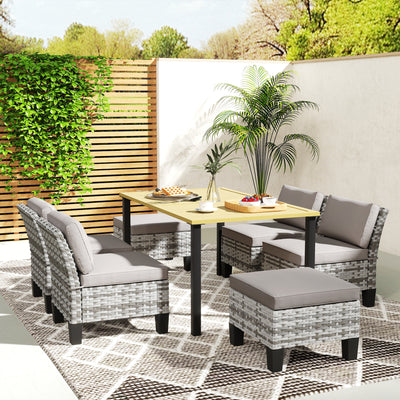 Outsunny 7-Piece Rattan Garden Dining Set, 6 Seater Wicker Garden Furniture Set with Seat and Back Cushions, Umbrella Hole, Patio Table and Chairs with Slatted Metal Top Table for Balcony, Grey 