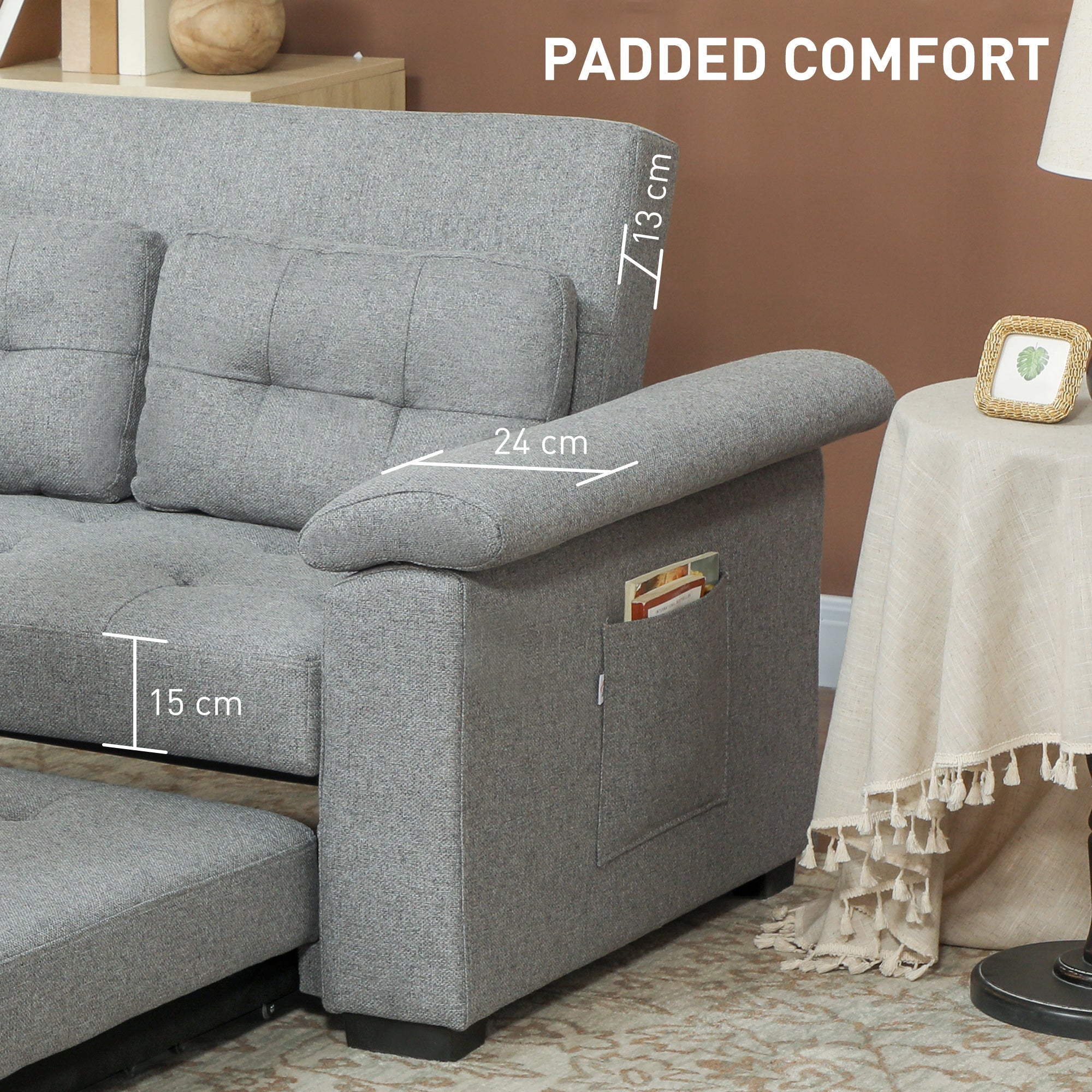 HOMCOM Pull Out Sofa Bed with 2 Pocket Springs, Fabric 2 Seater Click Clack Sofa Bed Settee, Convertible Sofa Couch with Pillows and Side Pockets for Living Room, Home Office, Light Grey 