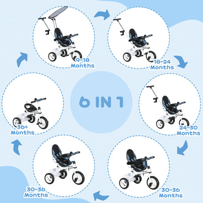 HOMCOM 6 in 1 Tricycle for Kids with 5-point harness straps, Removable Canopy, Blue 