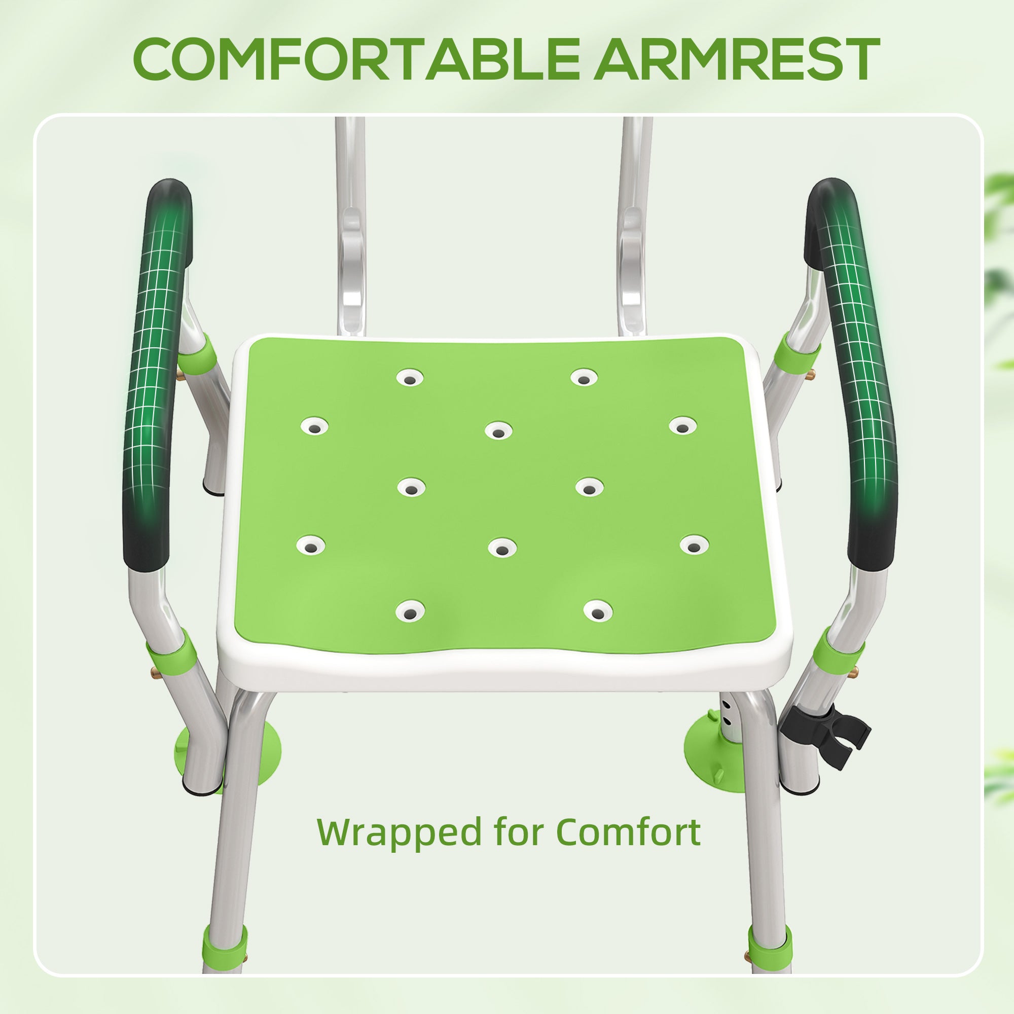 HOMCOM EVA Padded Shower Chair for the Elderly and Disabled, Height Adjustable Shower Stool with Back and Arms, 4 Suction Foot Pads, Green 