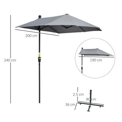 Outsunny 2m Half Parasol Market Umbrella Garden Balcony Parasol with Crank Handle, Base, Double-Sided Canopy, Dark Grey 
