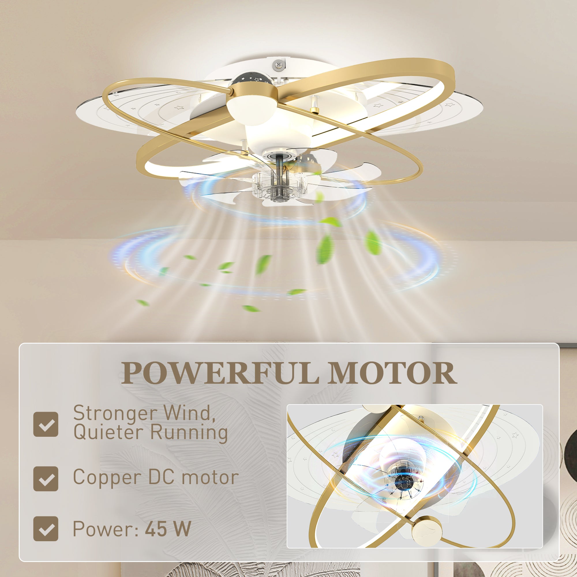 HOMCOM Ceiling Fan with Light and Remote, 3 Colour Temperatures, LED Mount Ceiling Fan Light for Bedroom, Gold Tone 