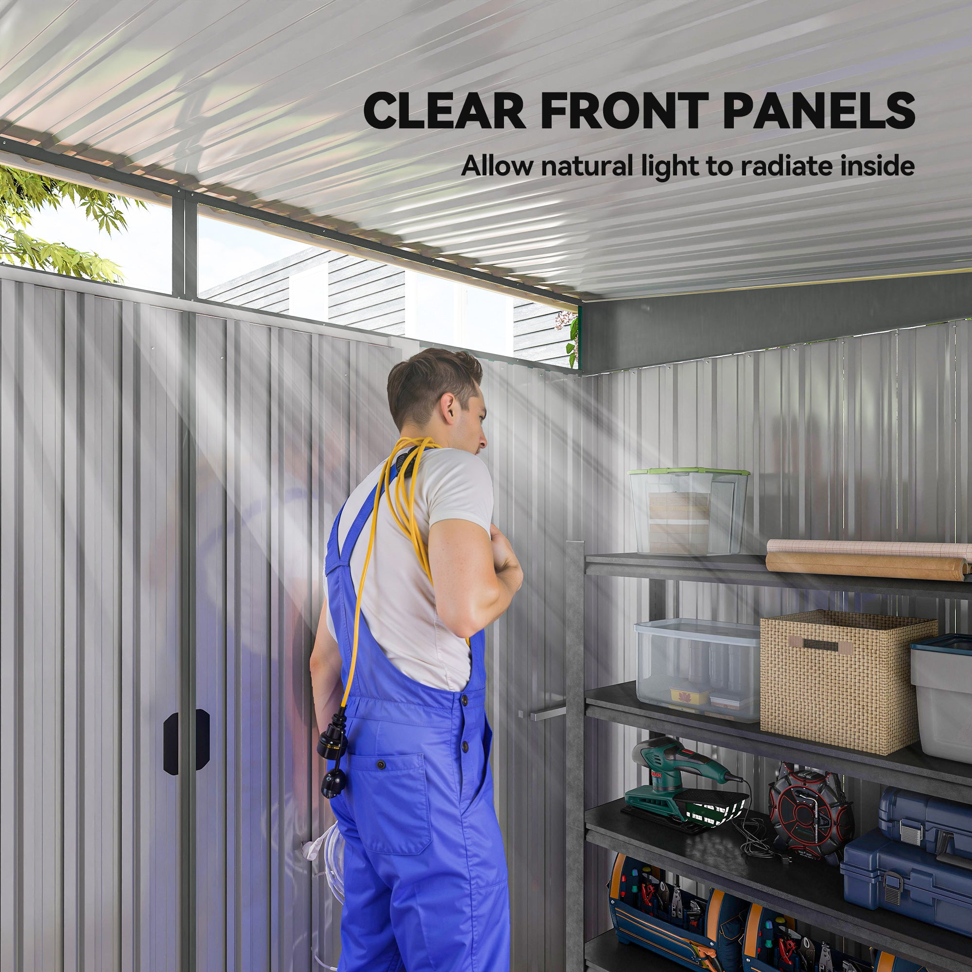 Outsunny 9ft x 6.5ft Garden Storage Shed with Top Window, Metal Outdoor Shed Tool House with Double Doors, Light Grey 