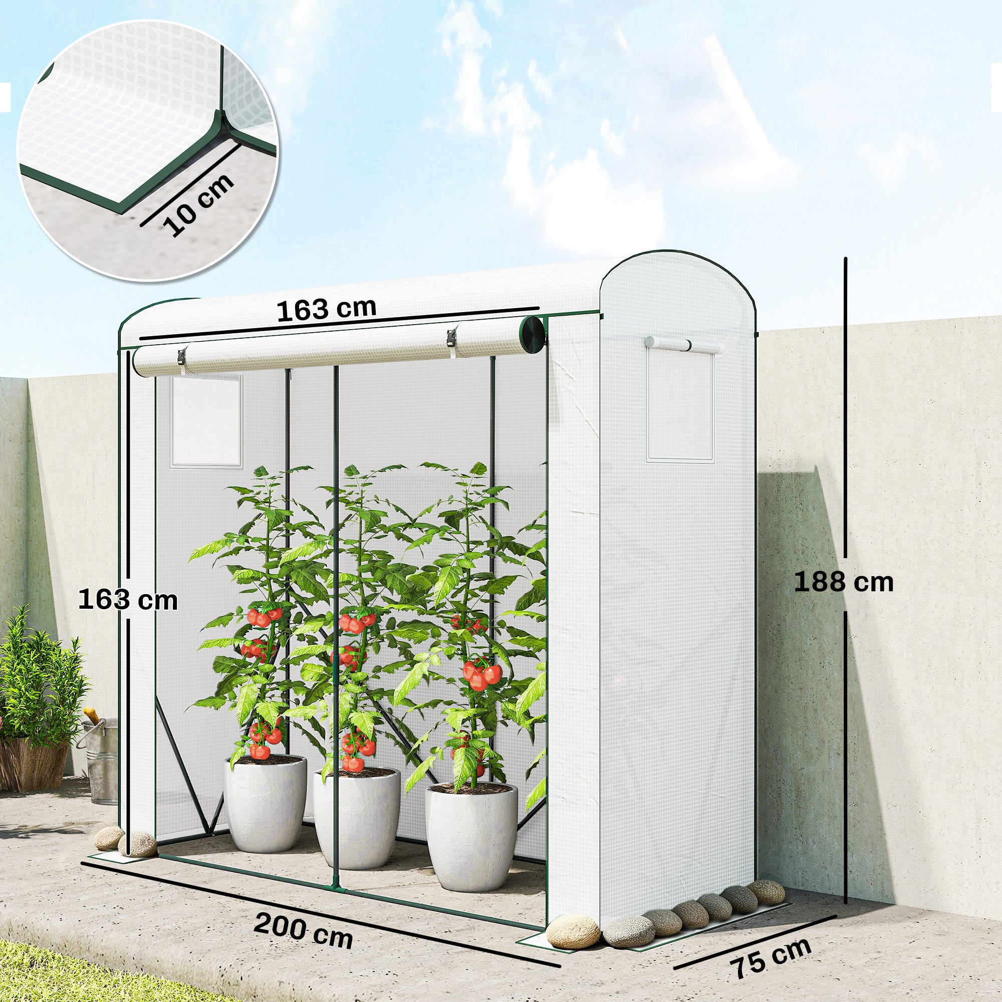 Outsunny Mini Greenhouse, Garden Tomato Growhouse with Roll-Up Door and 2 Mesh Windows, PE Cover, 200 x 75 x 188 cm, White 