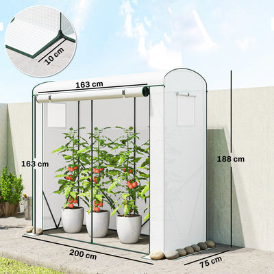 Outsunny Mini Greenhouse, Garden Tomato Growhouse with Roll-Up Door and 2 Mesh Windows, PE Cover, 200 x 75 x 188 cm, White 