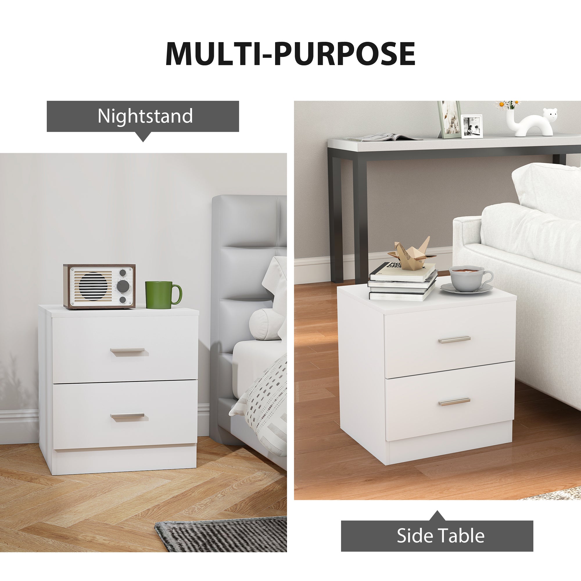 HOMCOM Set of 2 Modern Nightstands, Bedside Tables with 2 Storage Drawers, Accent End Table for Bedroom and Living Room, White 