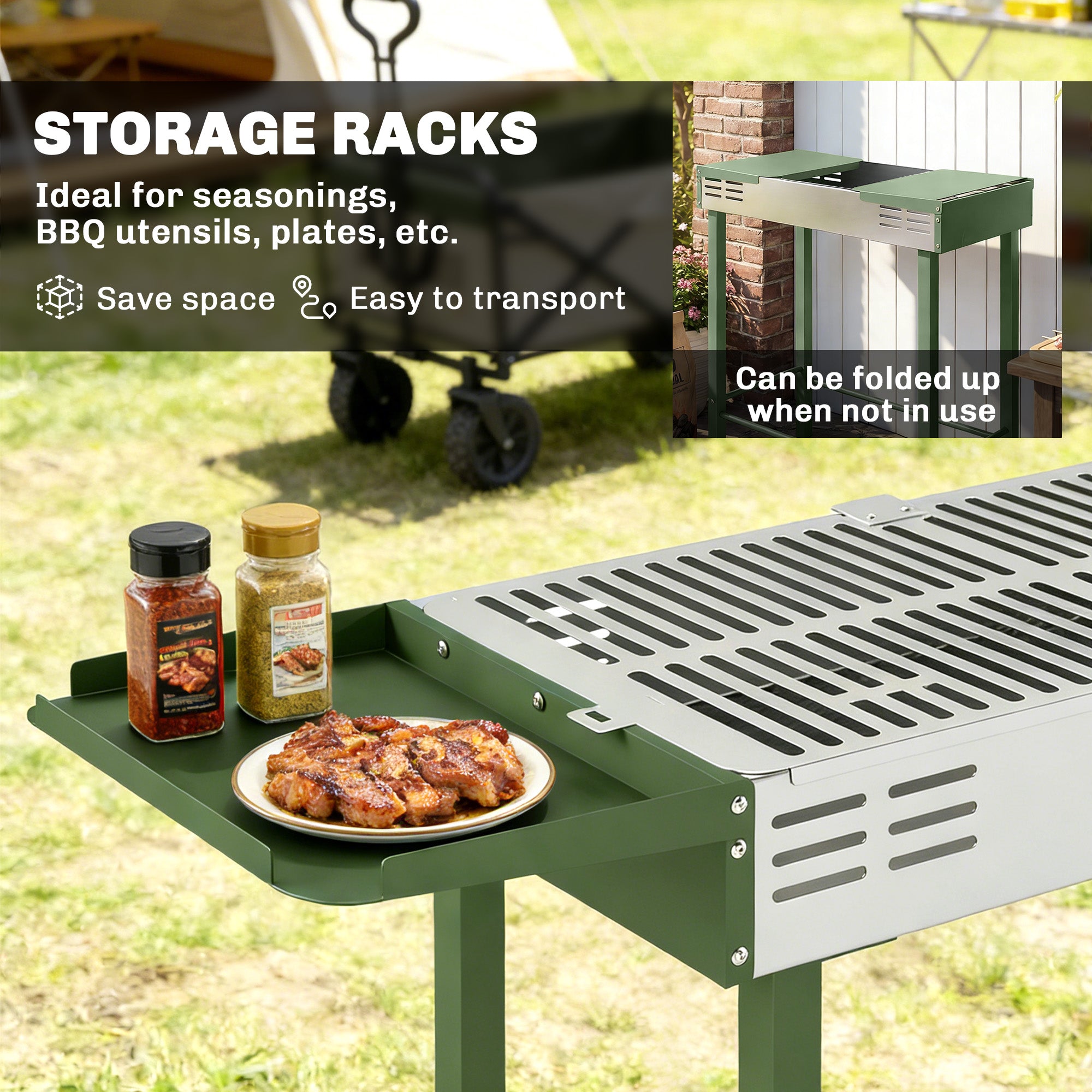 Outsunny BBQ Rotisserie Grill Roaster Charcoal Spit Roasting Machine for Chicken Turkey with 3-Level Grill Grate, Side Shelves, Dark Green 