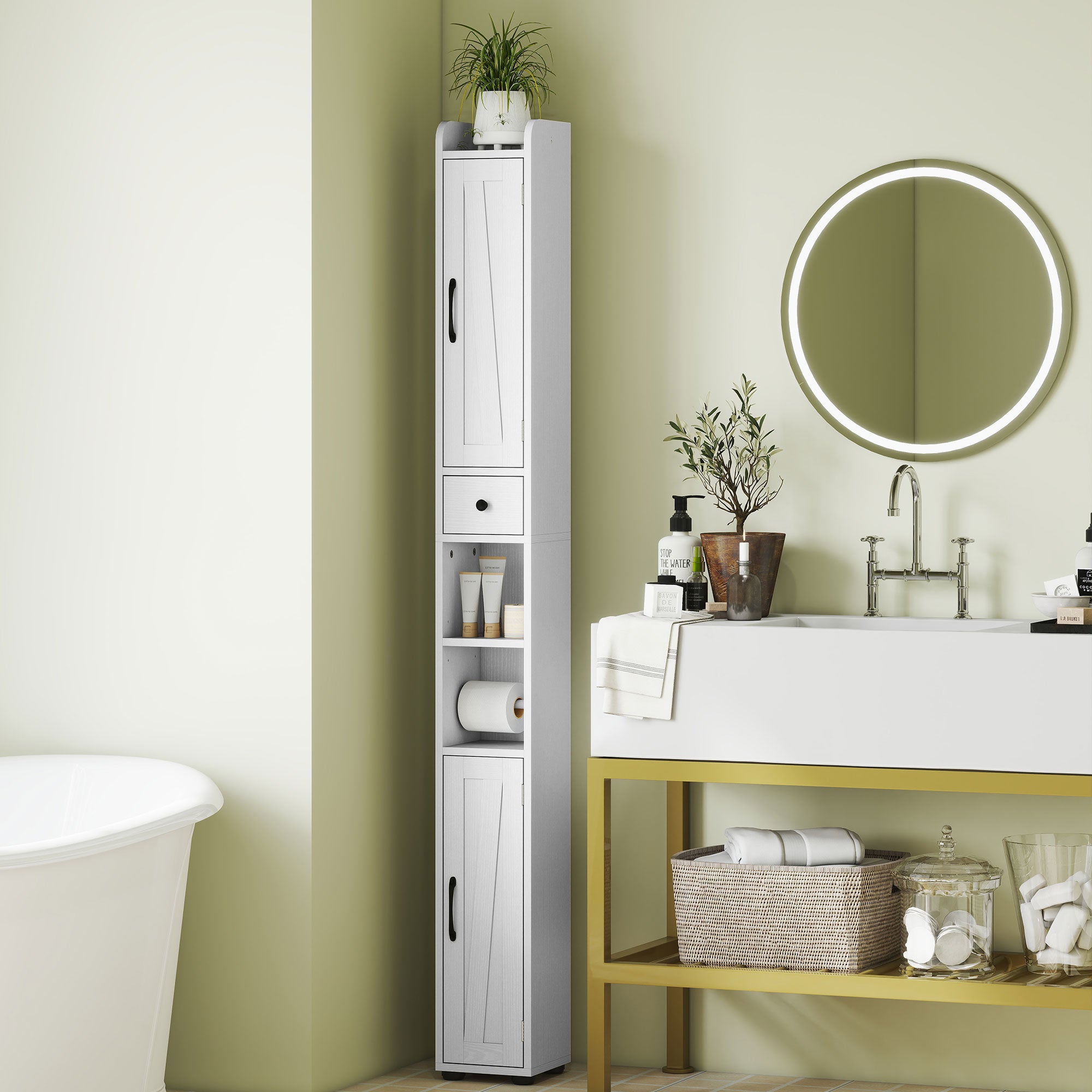 HOMCOM Tall Bathroom Cabinet, Farmhouse Slim Bathroom Storage Cabinet with Barn Doors, Toilet Paper Roll Holder, Drawer and Adjustable Shelves, Narrow Bathroom Storage Unit, 20 x 20 x 185cm, White 