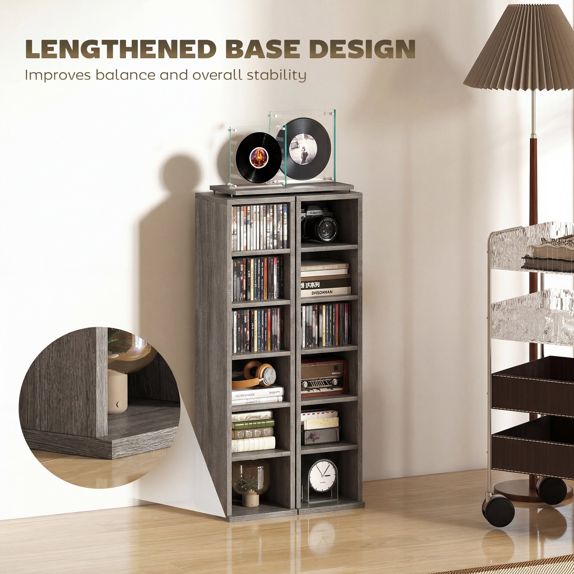 HOMCOM Set of 2 CD Media Display Shelf Unit Tower Rack with Adjustable Shelves, Distressed Grey 