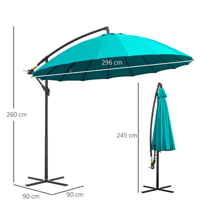 Outsunny 3(m) Cantilever Umbrella 18 Ribs & Vents Adjustable Angle for Patio Green 