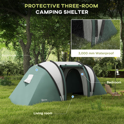 Outsunny Camping Tent with 2 Bedrooms and Living Area, 3000mm Waterproof Family Tent, for Fishing Hiking Festival, Dark Green 