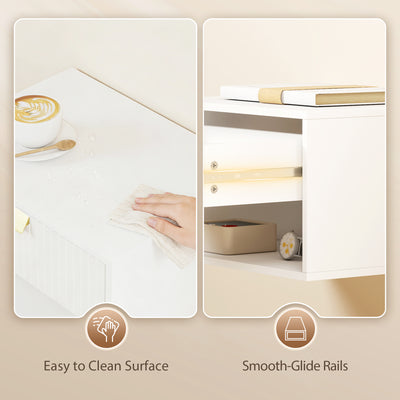 HOMCOM Set of 2 Wall Mounted Nightstands, Floating Bedside Tables with Fluted Drawer and Open Shelf for Small Bedroom, White 