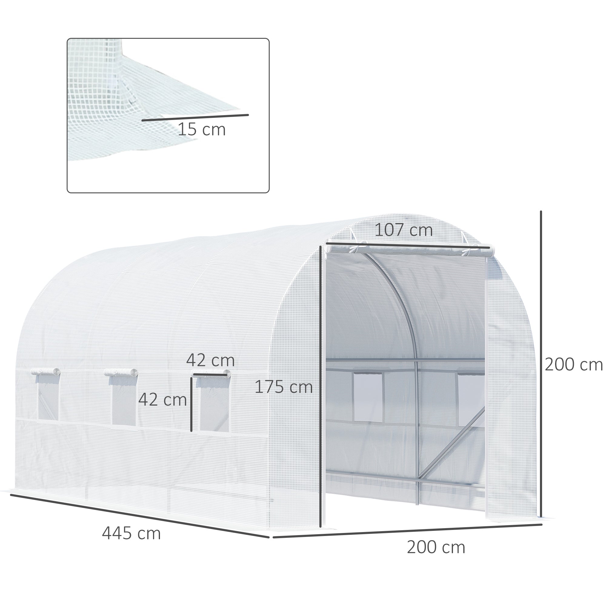 Outsunny 4.5 x 2 x 2 m Polytunnel Greenhouse, Walk-in Green House for Garden with Mesh Windows, Galvanised Steel Frame, White 