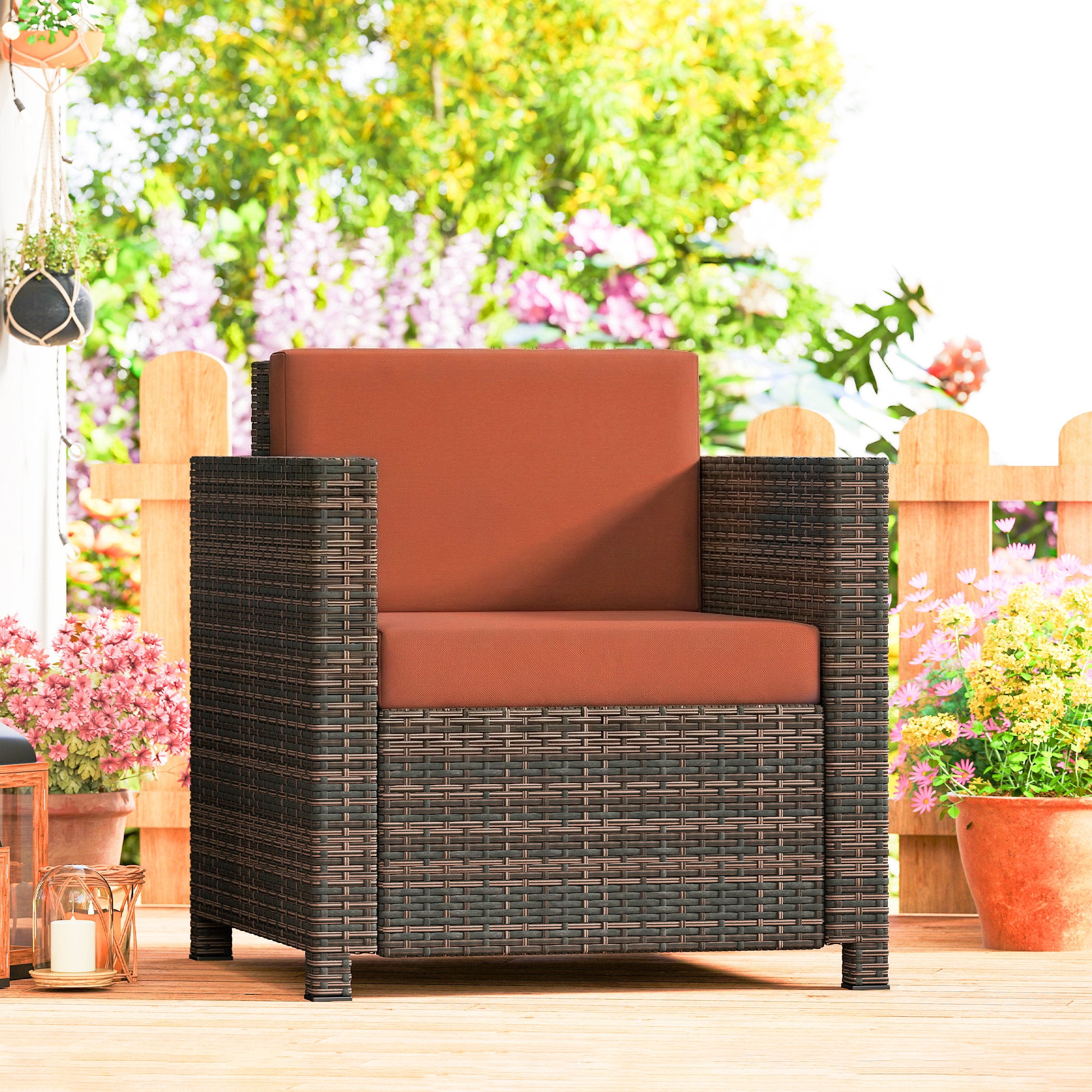 Outsunny PE Rattan Garden Armchair with Cushion - Mixed Brown/Orange 