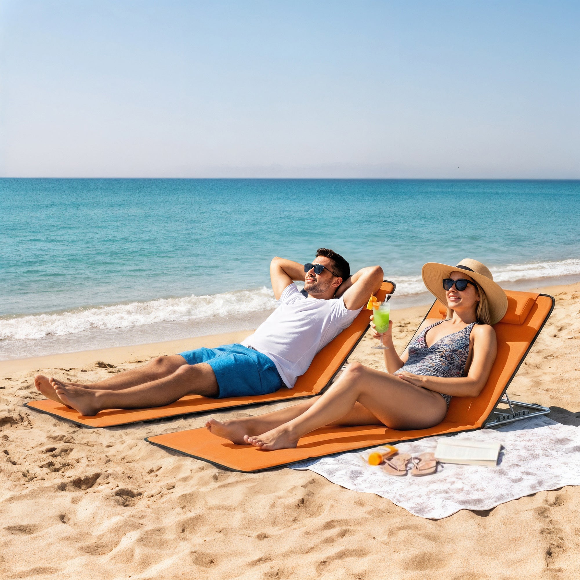 Outsunny Set of Two Metal Frame Beach Chairs, with Reclining Backs - Orange 