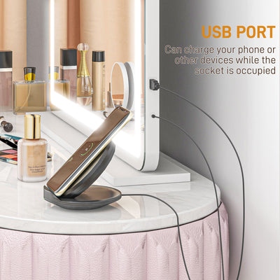 HOMCOM Vanity Mirror with Lights, Large Lighted Makeup Mirror with 3 Colour Lighting Modes, 10X Magnifying, USB Charging Port, Touch Screen, Tabletop or Wall Mounted Design for Bedroom, White 