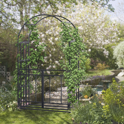 Outsunny Outdoor Garden Arch with Double Gates, Metal Garden Arbor for Climbing Plants, Roses, Vines, Wedding Arch for Outdoor, 114L x 50W x 206H cm, Dark Grey 