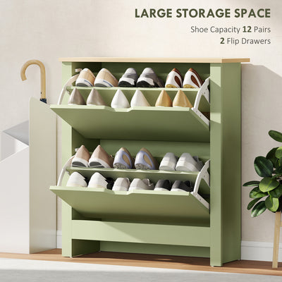 HOMCOM Slim Shoe Cabinet, Narrow Shoe Cupboard with 2 Flip Drawers, Adjustable Shelves for 12 Pairs of Shoes, Green 