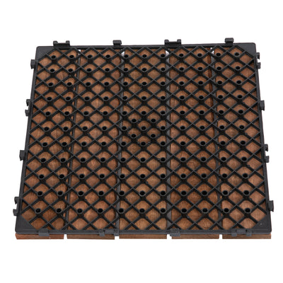 Outsunny 27 Pcs Solid Wood Interlocking Decking Tiles For Patio, Balcony, Roof Terrace, Hot Tub, Brown, (30 x 30 cm Per Piece) 