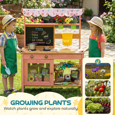 AIYAPLAY Kids Mud Kitchen with Canopy, Outdoor Wooden Play Kitchen with Planter Box, Accessories for Age 3-6, Pink 