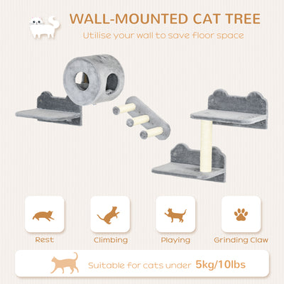 PawHut 4PCs Wall-Mounted Cat Tree, with Steps, Perch, Cat House - Grey 