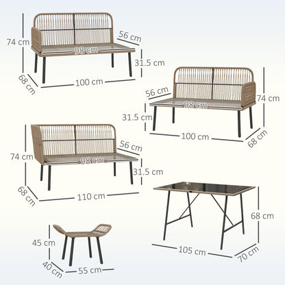 Outsunny 6 Piece Rattan Garden Furniture Set, 8 Seater Garden Corner Sofa with Cushions and Glass Top Table, Sectional Outdoor Furniture Conservatory Set for Patio, Cream White 