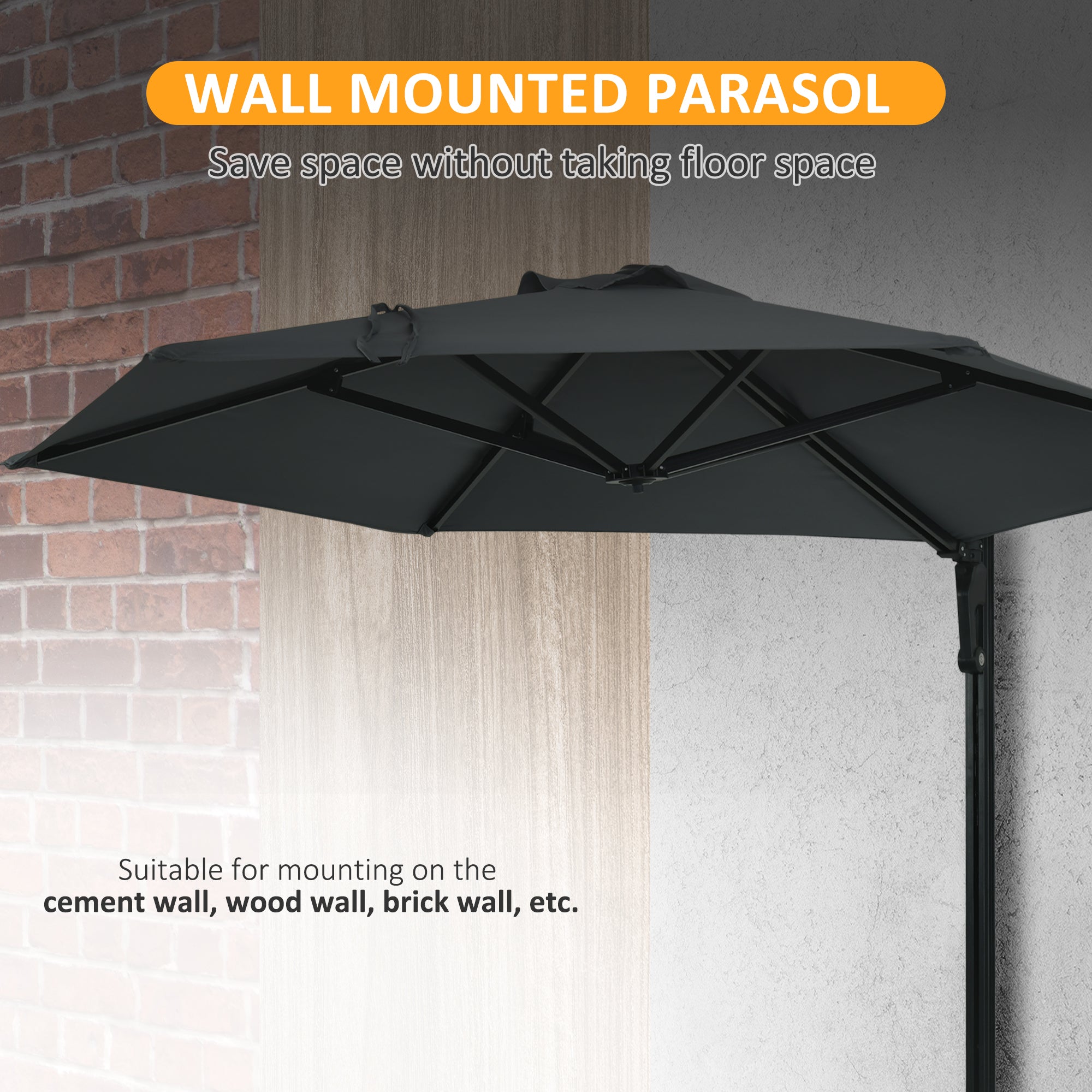 Outsunny 2.5m Wall Mounted Parasol, Hand to Push Outdoor Patio Umbrella with 180 Degree Rotatable Canopy for Porch, Deck, Garden, 250 cm, Dark Grey 