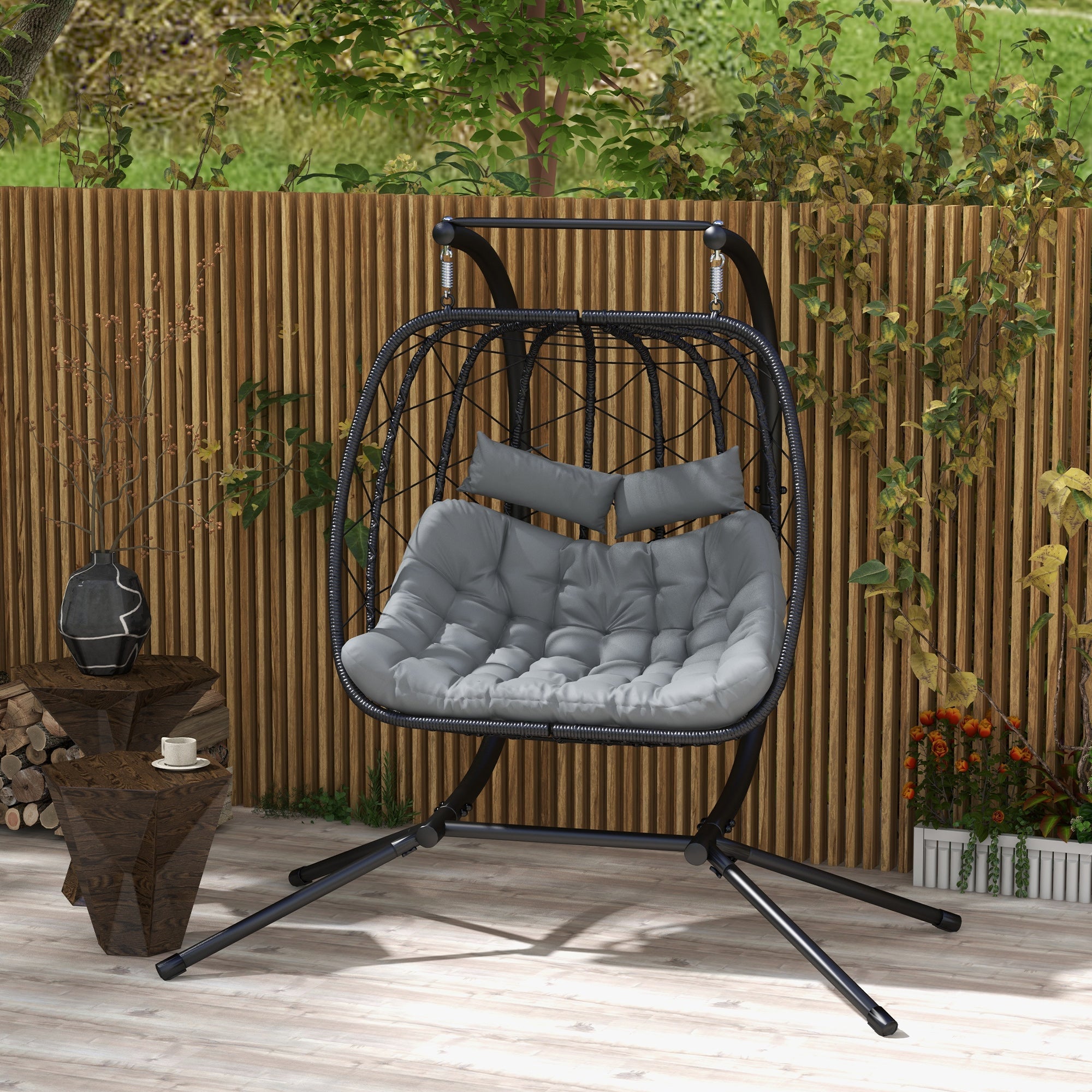 Outsunny Two-Seater Steel Frame Hanging Egg Chair - Black 