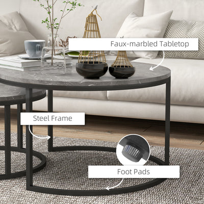 HOMCOM Industrial Nesting Coffee Table Set of 2, Round Coffee Tables, Living Room Table with Faux Marbled Top and Steel Frame 