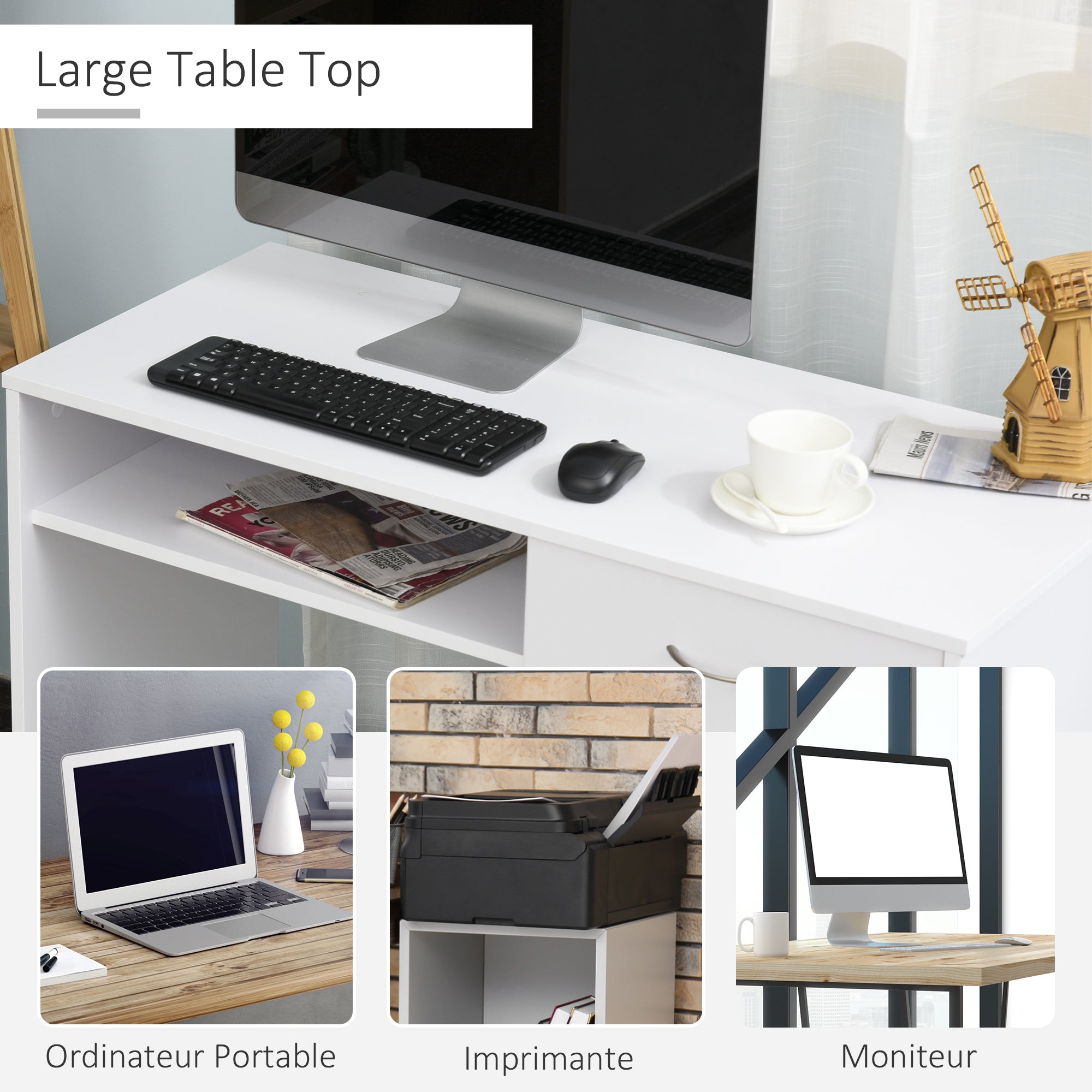 HOMCOM Compact Computer Desk, Study Table with Drawer and Storage Compartment, Writing Workstation, White 