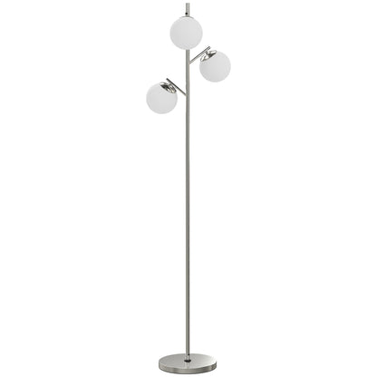 HOMCOM 3-Light Tree Floor Lamps for Living Room, Modern Standing Lamp for Bedroom with Globe Lampshade, 3000K/4000K/6000K Colour Temperatures, Steel Base, Silver Tone