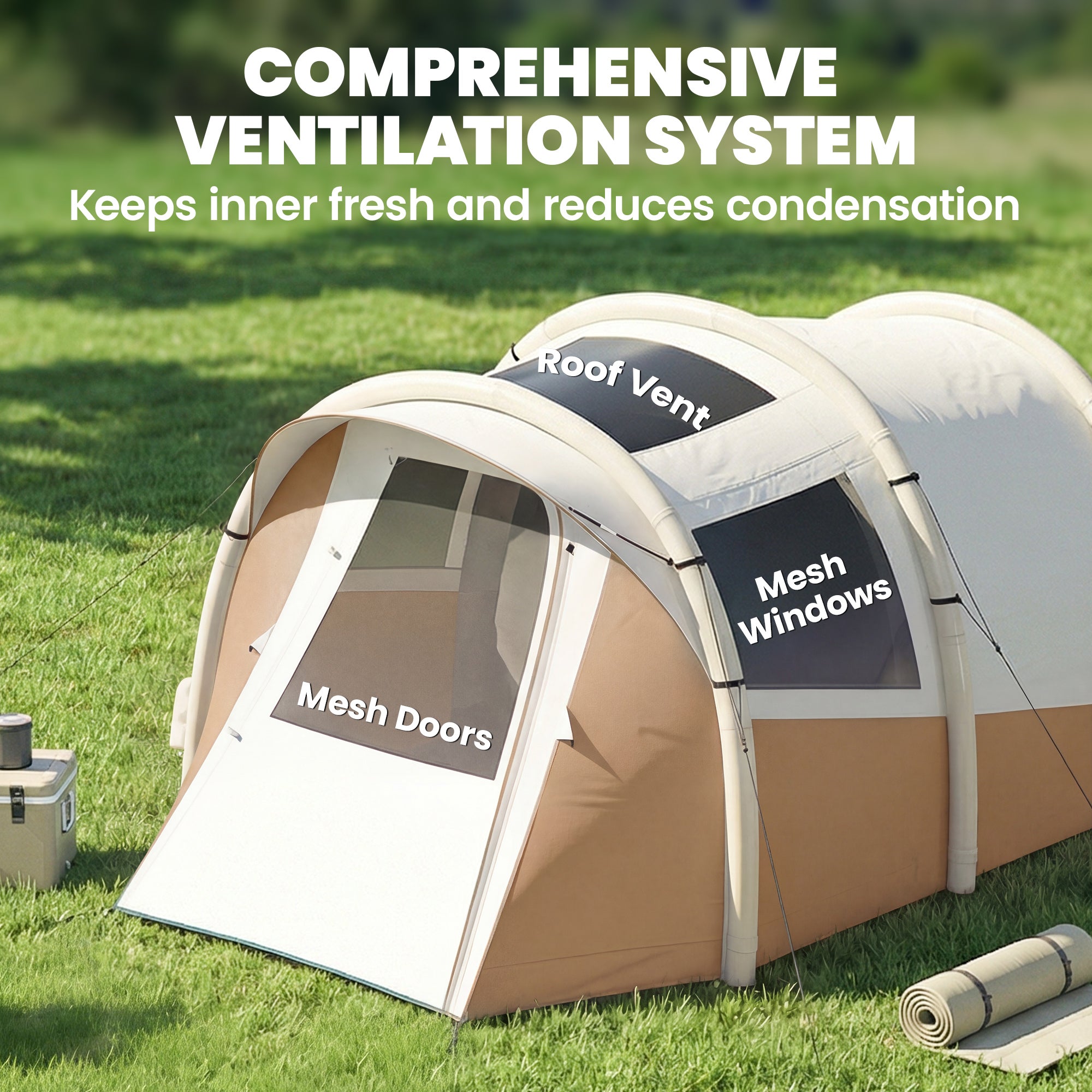 Outsunny Inflatable Camping Tent w/ Air Pump, Easy Setup 2-3 Person Blow Up Tent, Khaki 
