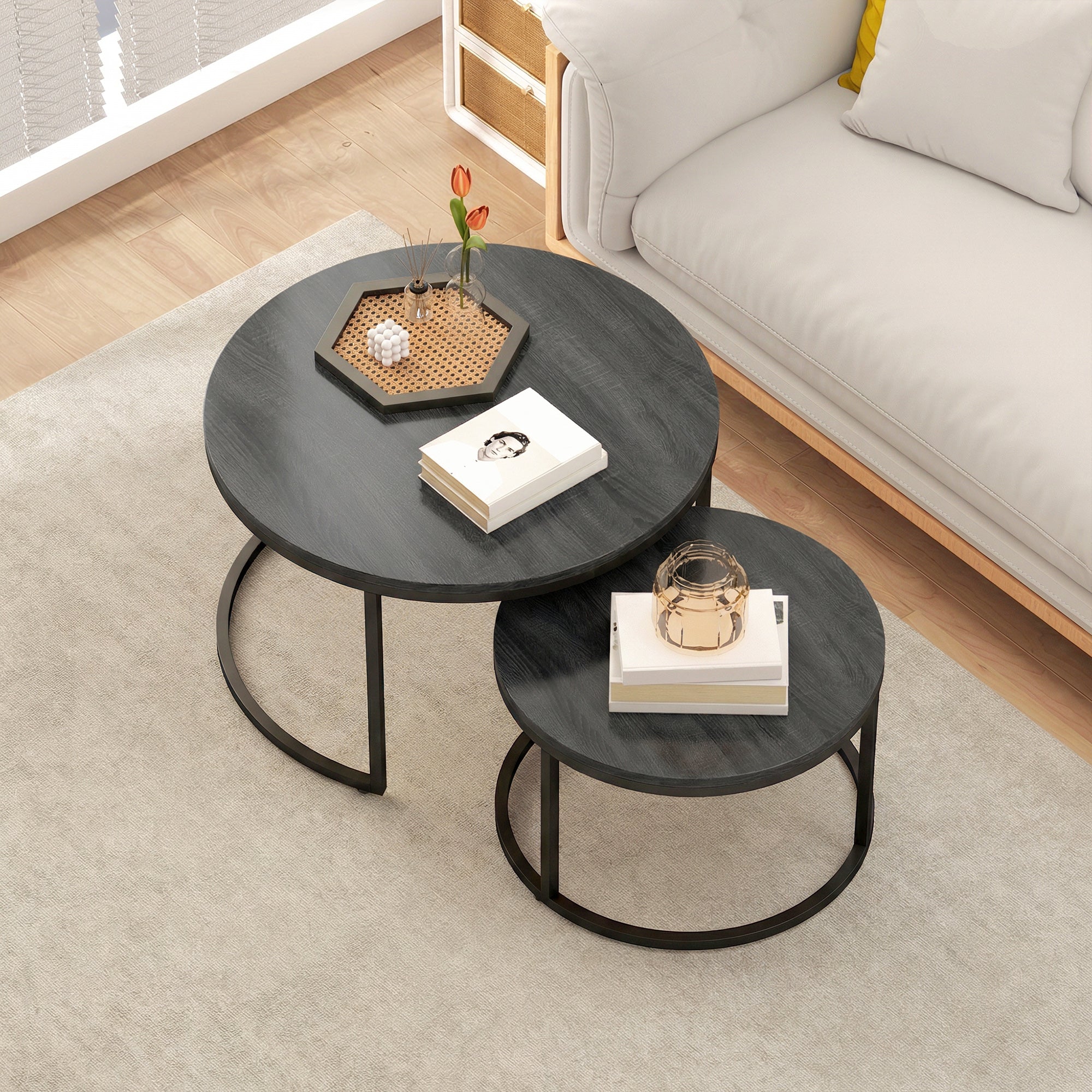 HOMCOM Set of Two Wood-Effect Stacking Tables - Black Wood Grain 