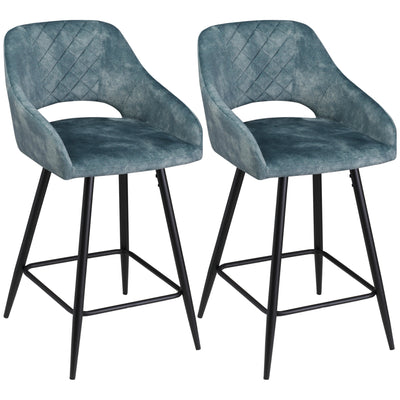 HOMCOM Bar Stools Set of 2, Velvet-Touch Fabric Counter Height Bar Chairs, Kitchen Stools with Steel Legs for Dining Area, Kitchen Island Barstools, Blue 