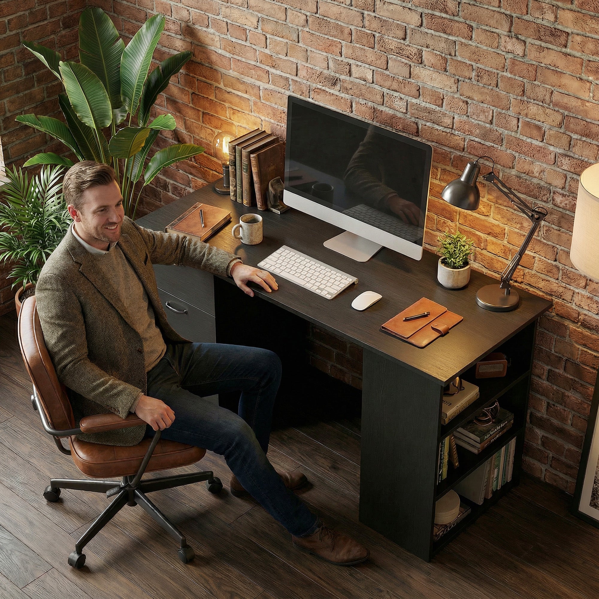 HOMCOM Computer Desk, Writing Table, PC Workstation with 3 Storage Shelves and Drawers, Handle, for Home Office, Black 