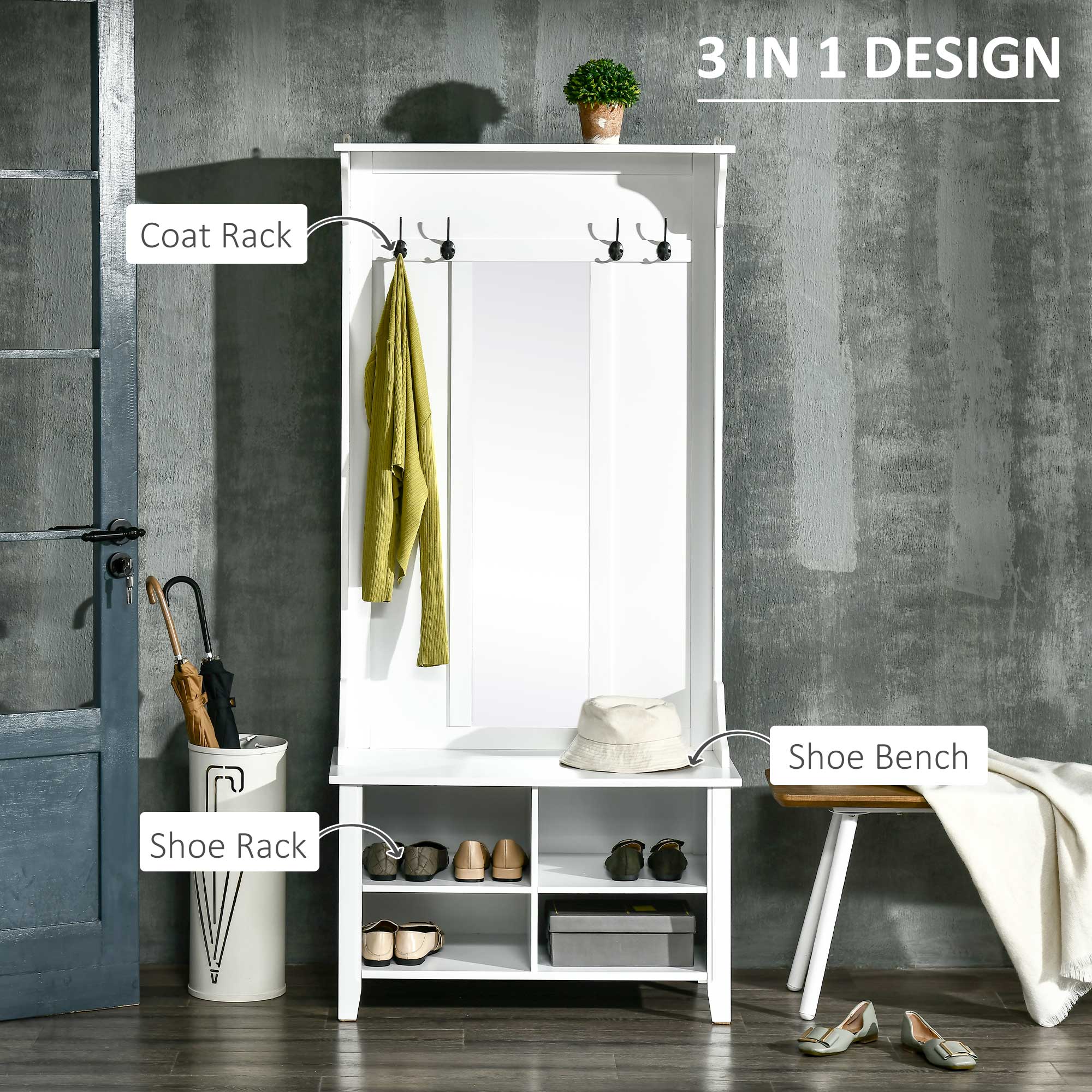HOMCOM Hallway Furniture Set Shoe Bench Storage Mirror Cabinet Coat Rack Multiple Cubes Hangers Organiser Shelves w/ 4 Hooks 