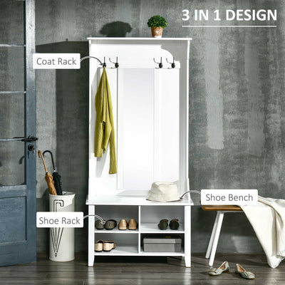 HOMCOM Hallway Furniture Set Shoe Bench Storage Mirror Cabinet Coat Rack Multiple Cubes Hangers Organiser Shelves w/ 4 Hooks 