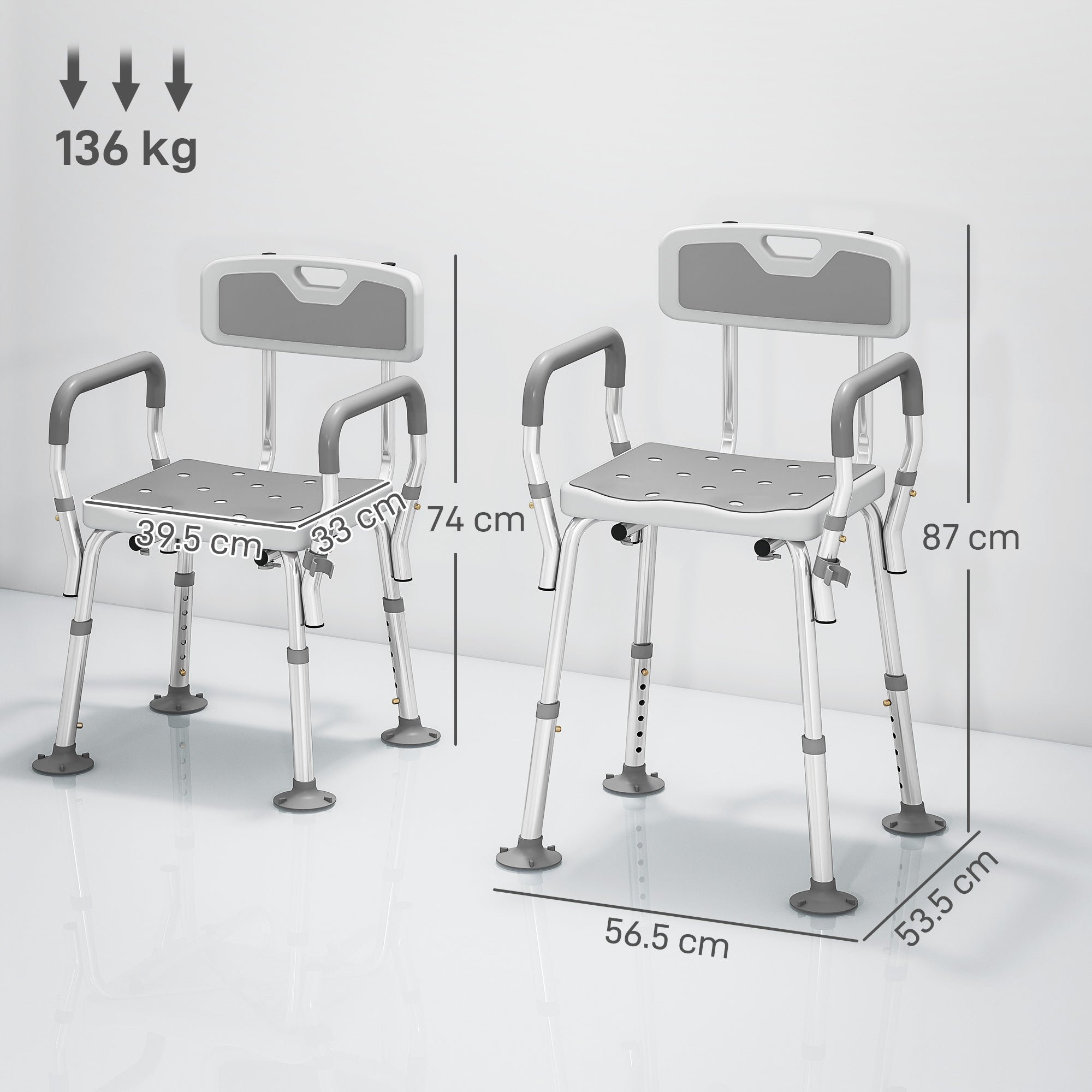 HOMCOM EVA Padded Shower Chair for the Elderly and Disabled, Height Adjustable Shower Stool with Back and Arms, 4 Suction Foot Pads, Light Grey