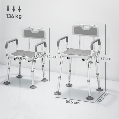 HOMCOM EVA Padded Shower Chair for the Elderly and Disabled, Height Adjustable Shower Stool with Back and Arms, 4 Suction Foot Pads, Light Grey