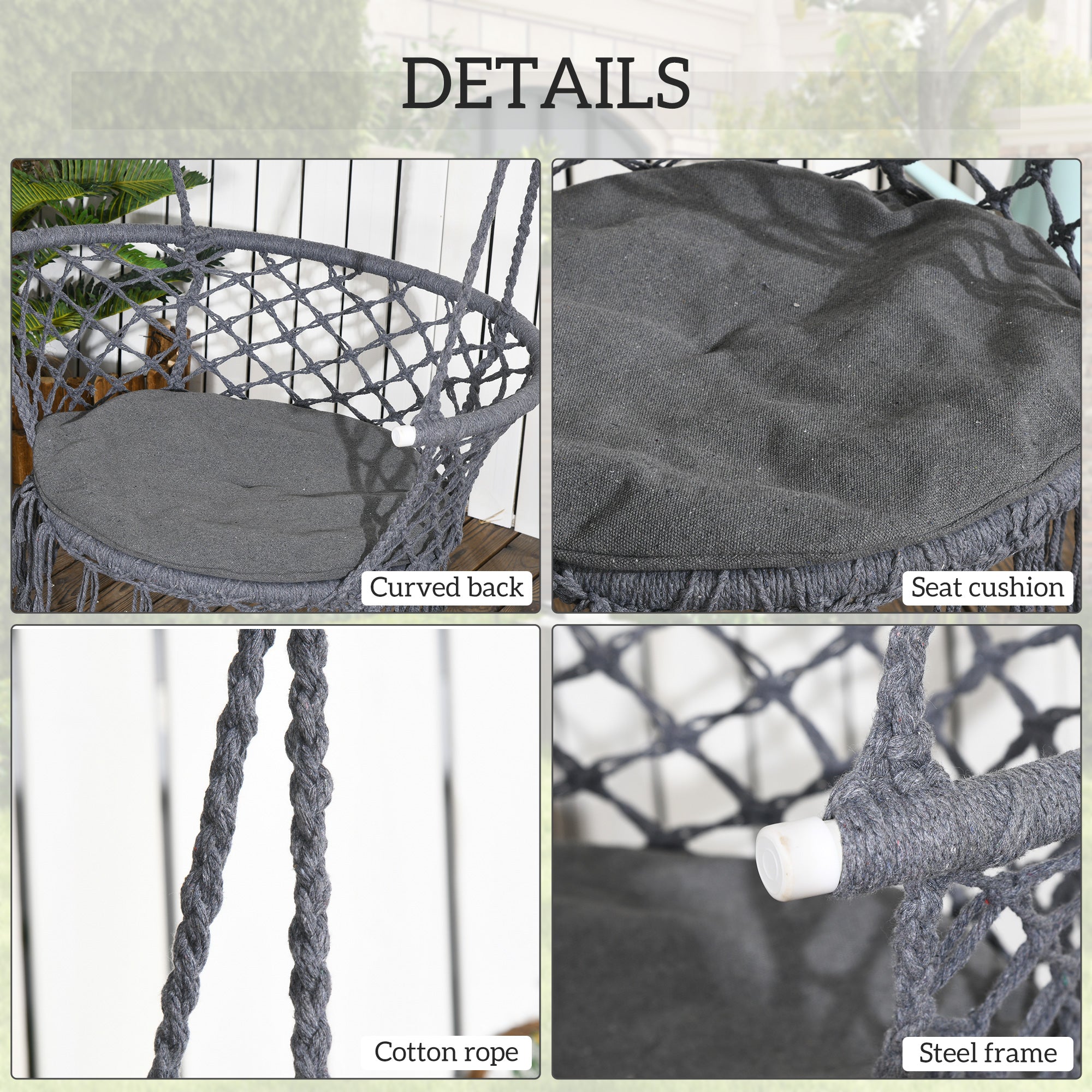 Outsunny Outdoor Hanging Rope Chair with Cotton Rope, Cotton-Polyester Blend Macrame Garden Hammock Chair with Seat Cushion, Support Backrest, for Patio, Garden, Porch, Dark Grey 
