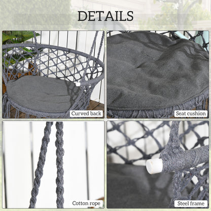 Outsunny Outdoor Hanging Rope Chair with Cotton Rope, Cotton-Polyester Blend Macrame Garden Hammock Chair with Seat Cushion, Support Backrest, for Patio, Garden, Porch, Dark Grey 