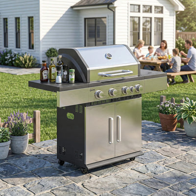 Outsunny 4+1 Burner Gas BBQ Grill, Portable Gas Barbecue Grill with Side Burner, Warming Rack, Side Shelf, Storage Cabinet 