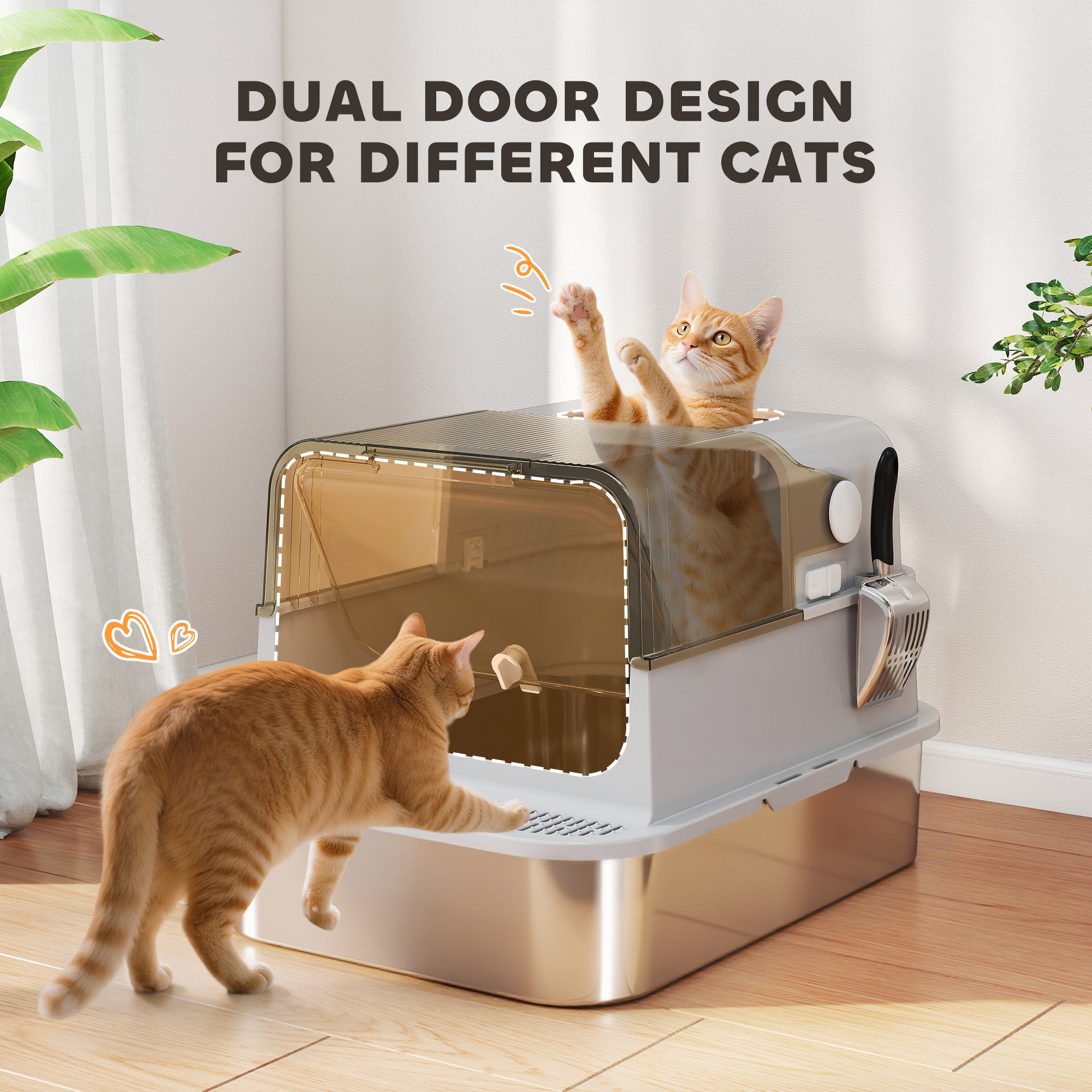PawHut XXL Stainless Steel Cat Litter Tray, Enclosed Cat Litter Box with 90° Flip Cover, Double Doors, Scoop, Easy Clean, Grey 