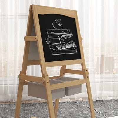 AIYAPLAY Kids Easel with Paper Roll, 3 in 1 Art Easel for Toddlers, Double-Sided Kids Whiteboard Blackboard with Storage Baskets for Ages 3-6 Years - Natural Wood Finish 