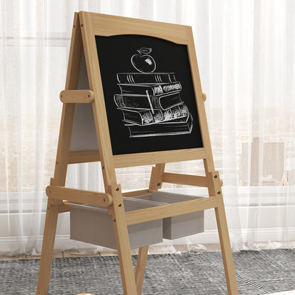 AIYAPLAY Kids Easel with Paper Roll, 3 in 1 Art Easel for Toddlers, Double-Sided Kids Whiteboard Blackboard with Storage Baskets for Ages 3-6 Years - Natural Wood Finish