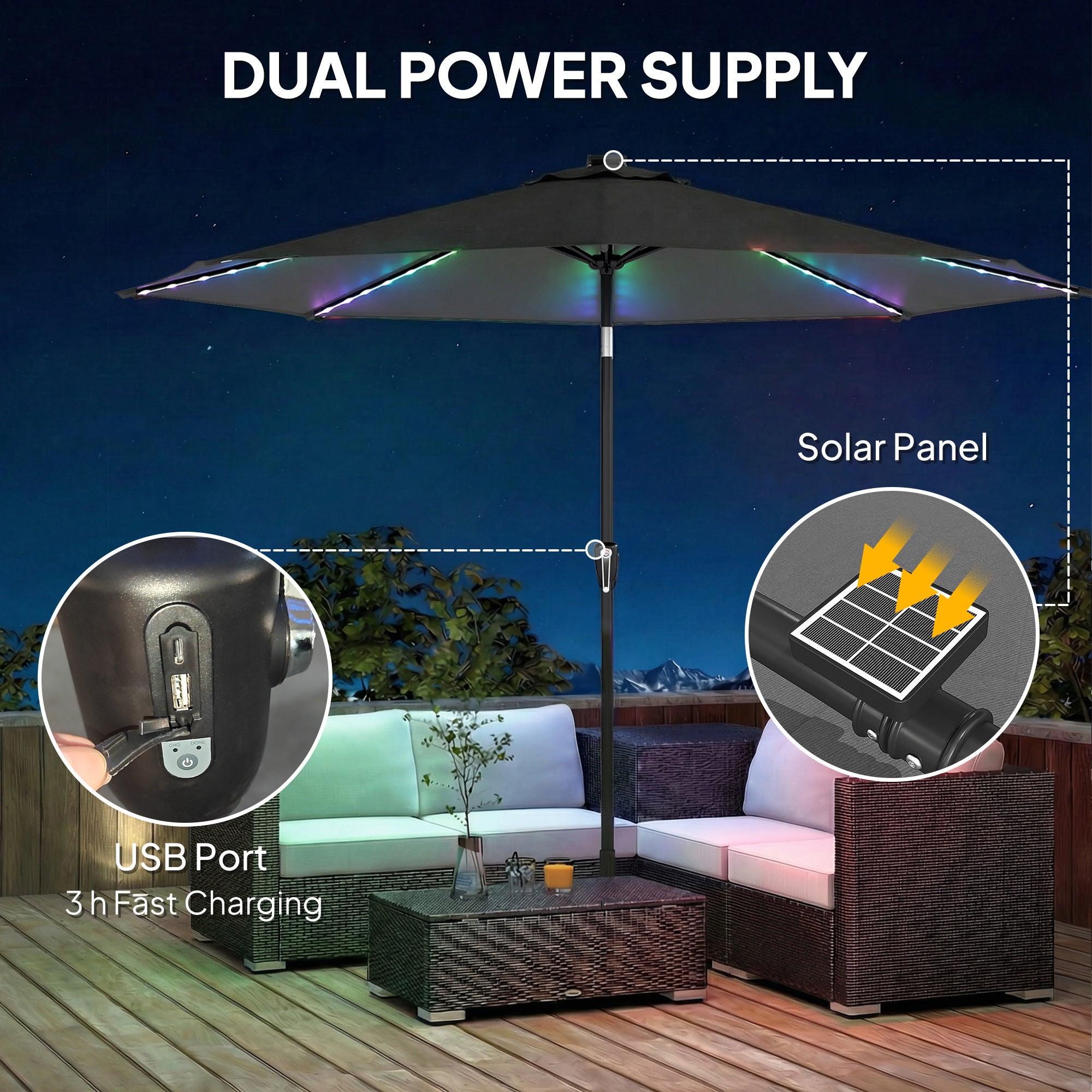 Outsunny 3 m Garden Parasol Umbrella with 112 Solar Powered LED Lights, Patio Umbrella with Crank Handle, Grey 