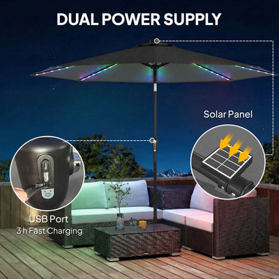 Outsunny 3 m Garden Parasol Umbrella with 112 Solar Powered LED Lights, Patio Umbrella with Crank Handle, Grey 