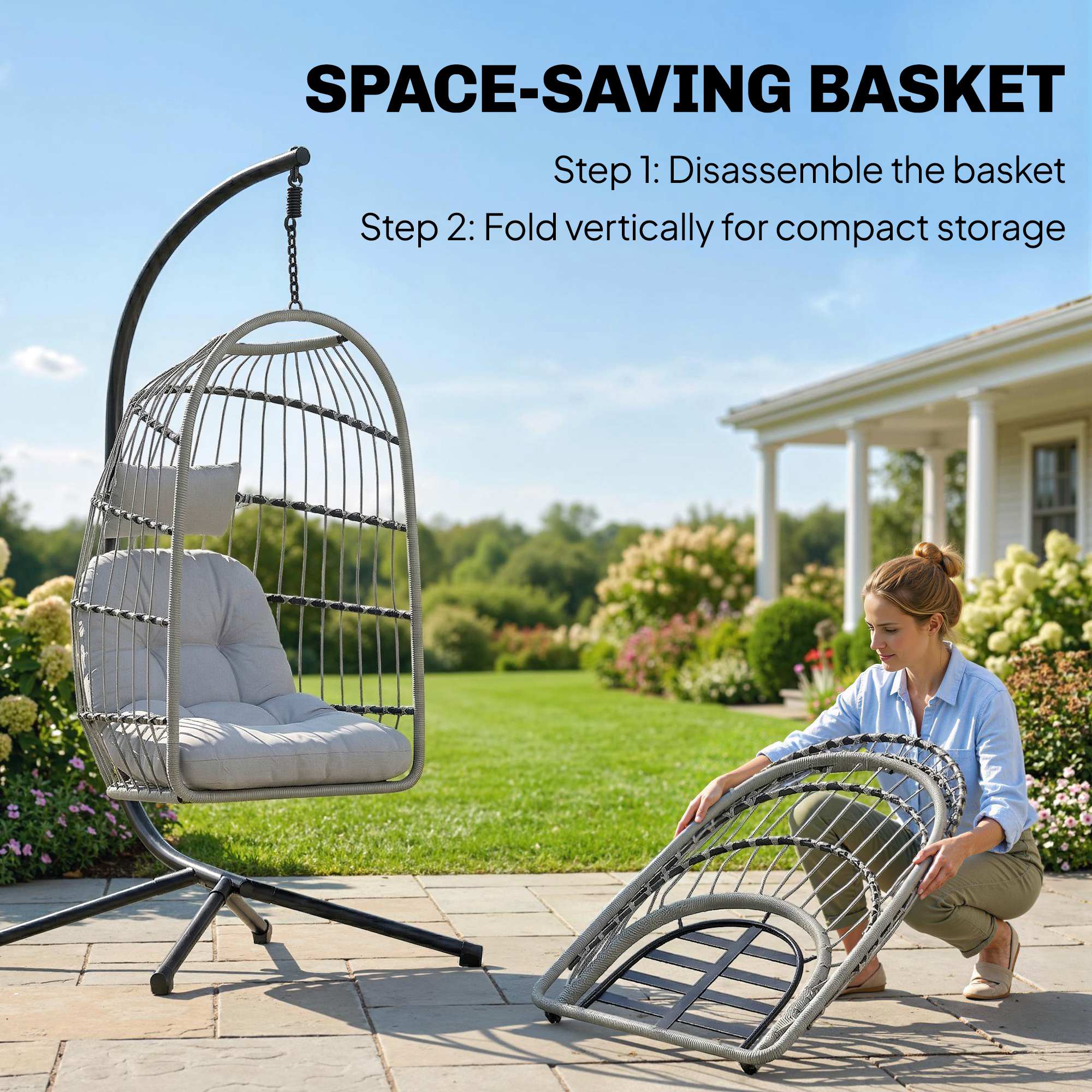 Outsunny Hanging Egg Chair, Indoor Outdoor Hammock Swing Chair with Stand, Safety Strap, Foldable Basket, Light Grey 