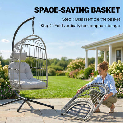 Outsunny Hanging Egg Chair, Indoor Outdoor Hammock Swing Chair with Stand, Safety Strap, Foldable Basket, Light Grey 