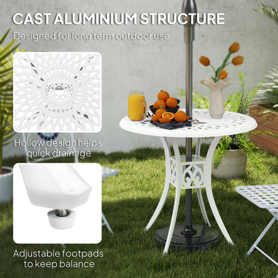 Outsunny 78 cm Round Garden Dining Table with Parasol Hole Antique Cast Aluminium Outdoor Table Only, White 